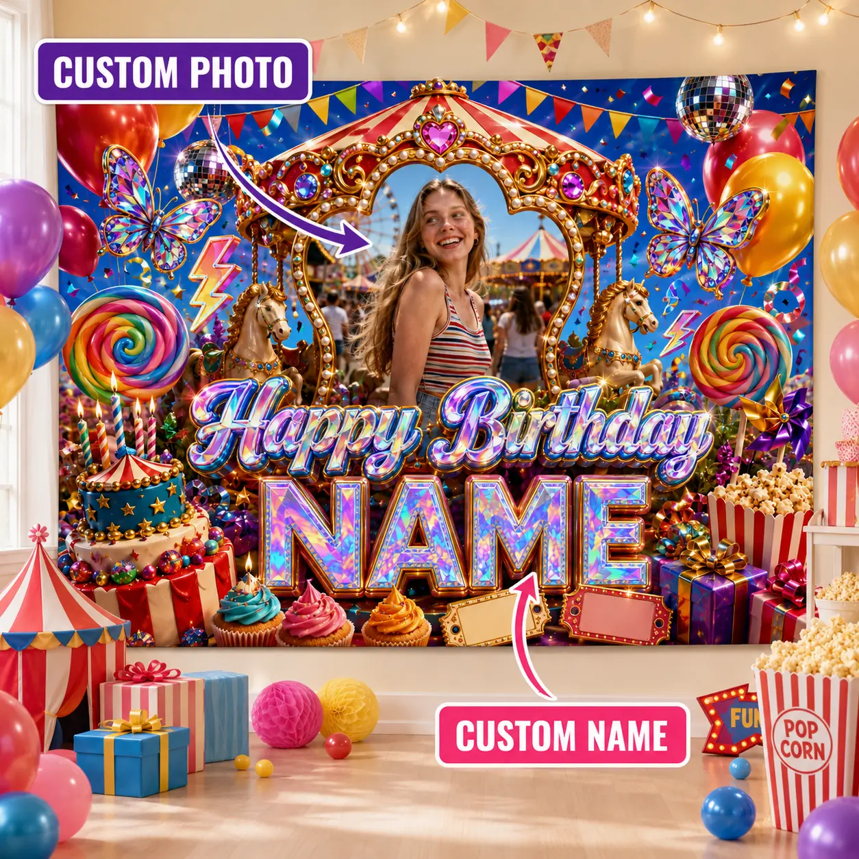 Customizable Carnival Birthday Backdrop Banner - Personalized with Photo and Name, Carousel Frame, Butterflies, Balloons, Candy, Cake - Wall Decoration for Party Festive Supplies, Banners, Party Decor