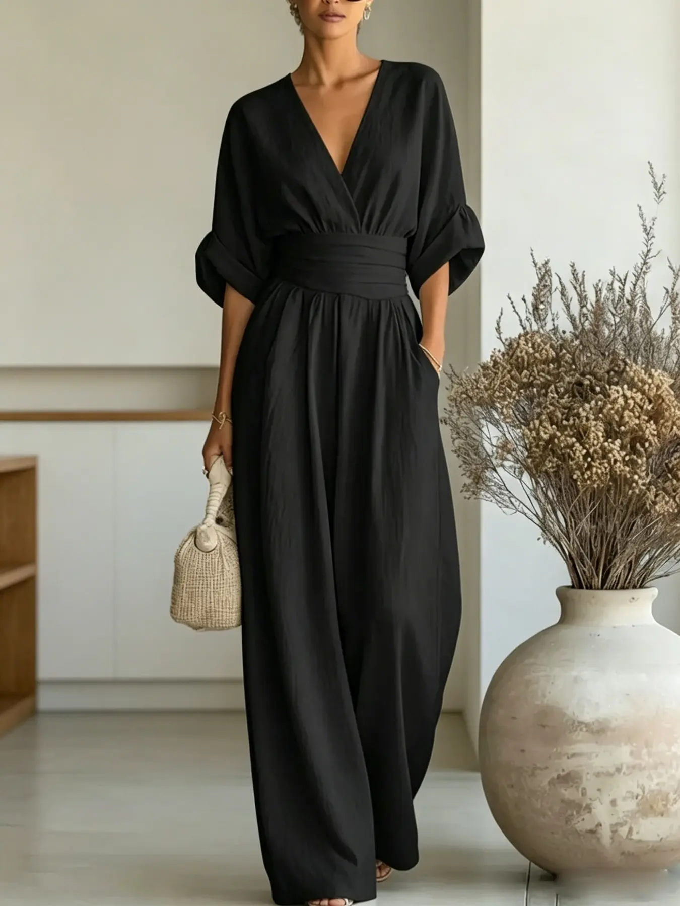 New Women's Solid Deep V Neck Waist Cinch Wide Leg Jumpsuit, Mid Sleeve Side Zip Design, Breathable Elegant Fashion Casual Fit