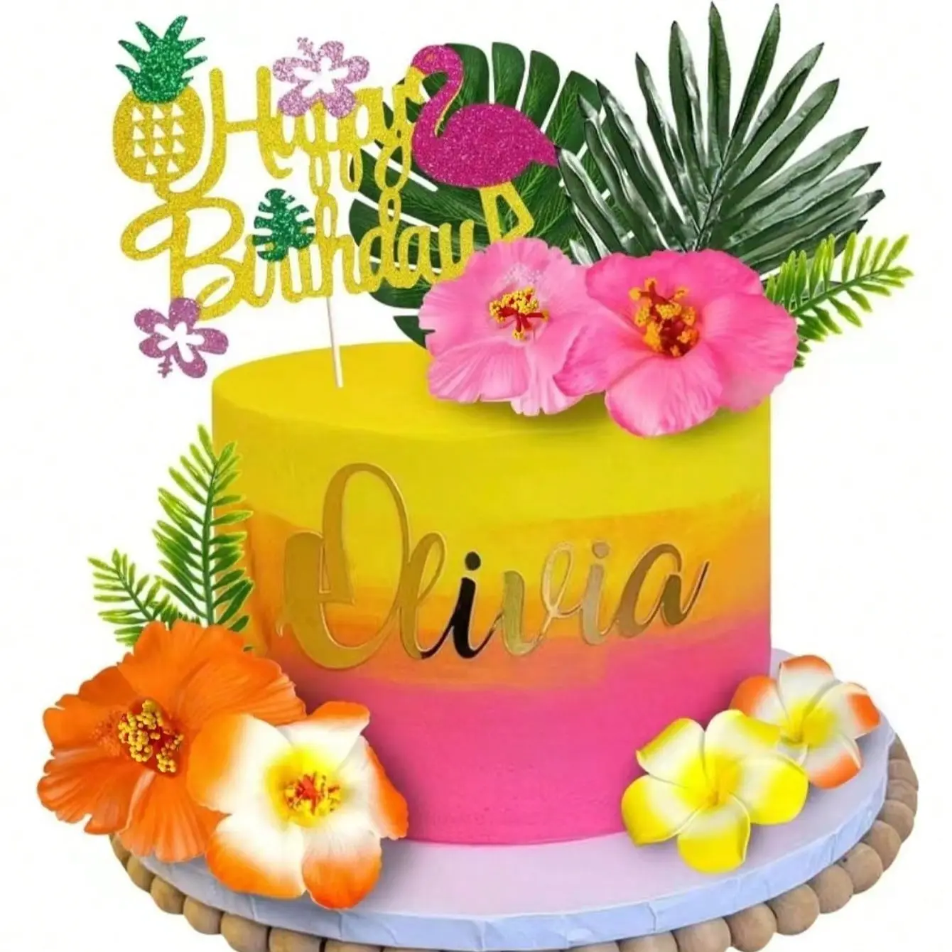 13-Piece Hawaiian Flamingo Cake Decorations, Tropical Flower Palm Leaf Birthday Cake Toppers, Summer Party Cake Decoration Supplies Set