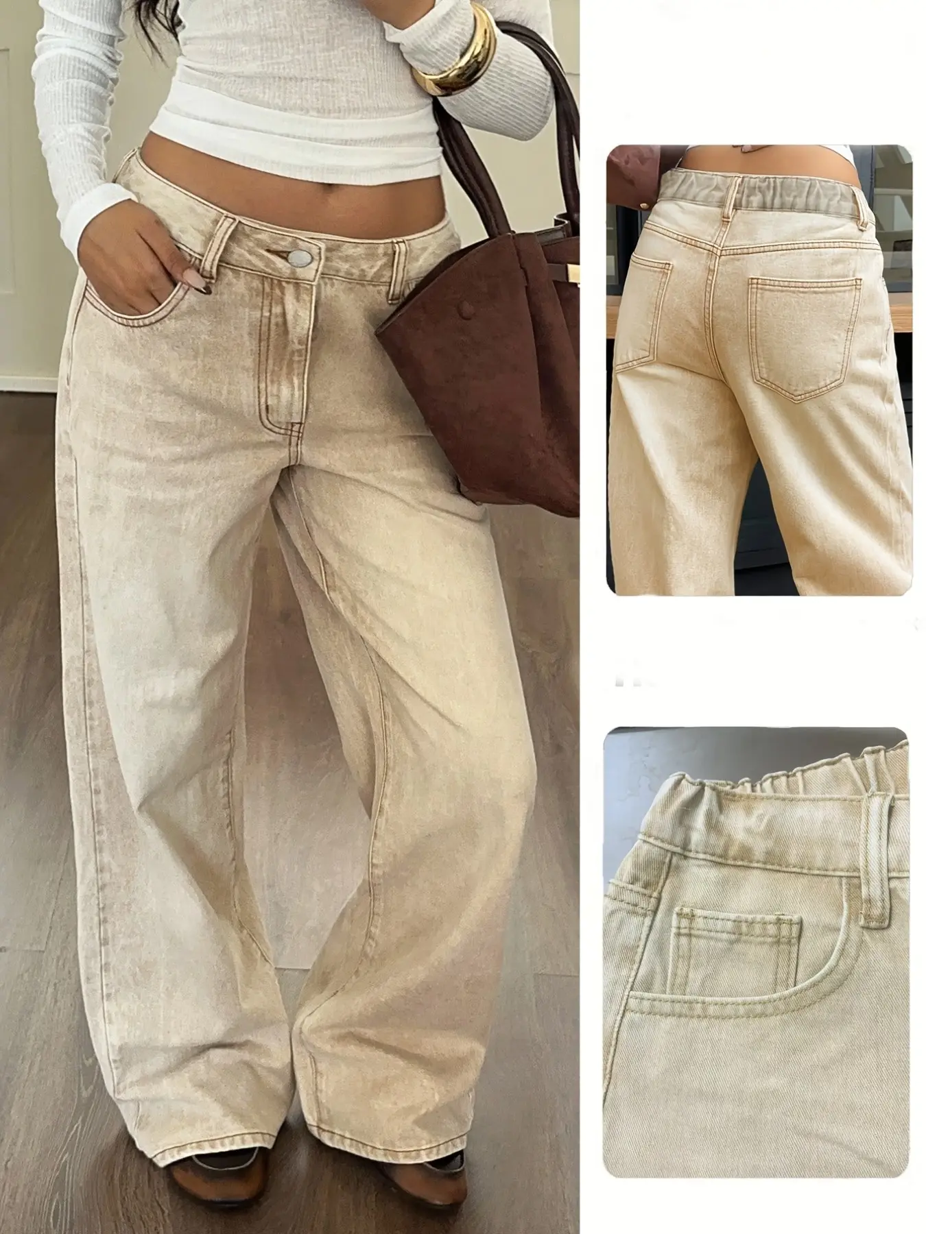 Vintage Fashion Women's Solid Non-Elastic Waistband Mid-Waist Wide Leg Long Denim Pants, Casual Daily Wear, Comfortable and Stylish