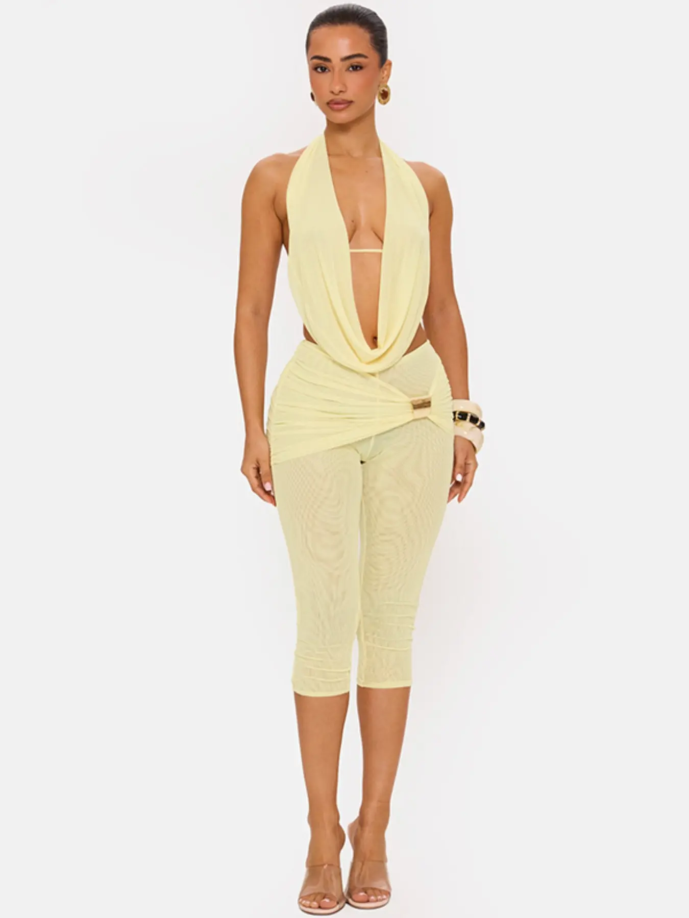Women's Plain Deep V Neck Backless Top & Fitted Ruched Seven-Quarter Pants Set, Fake Two-Piece Design, Perfect for Parties and Gatherings
