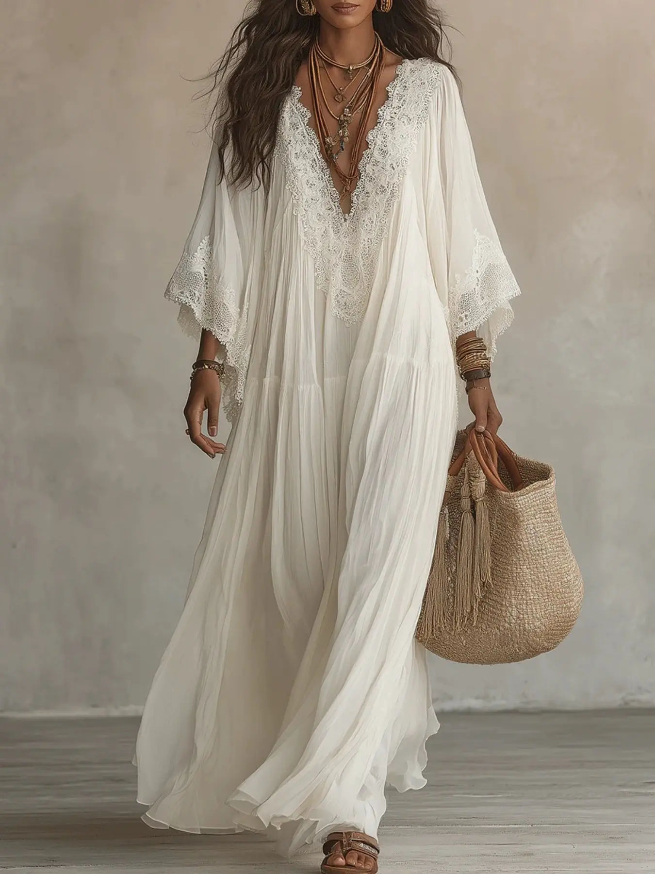 2026 New Lace V Neck Long Dress, Batwing Sleeve Beach Dress, Flowy Pleated Summer Fall Dress, Casual Vacation Elegant Chic