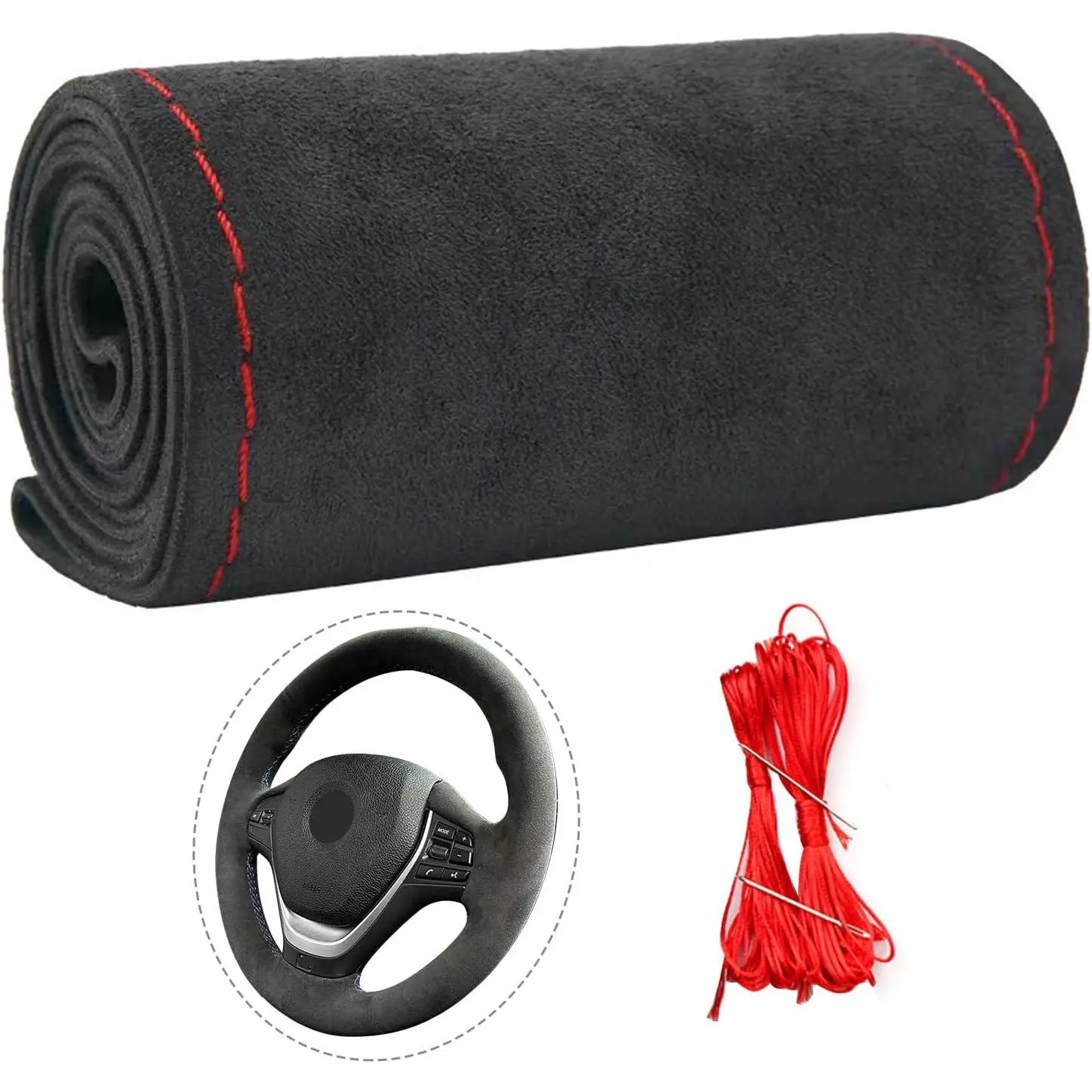Suede Leather Steering Wheel Cover Wrap Kit - DIY Stitch-On for 14.5-15" Wheels, Superior Sweat Absorption & Non-Slip Grip, Comfortable & Durable Year-Round Upgrade, 14.5 To 19 Inches, Custom Stitch-On Fit