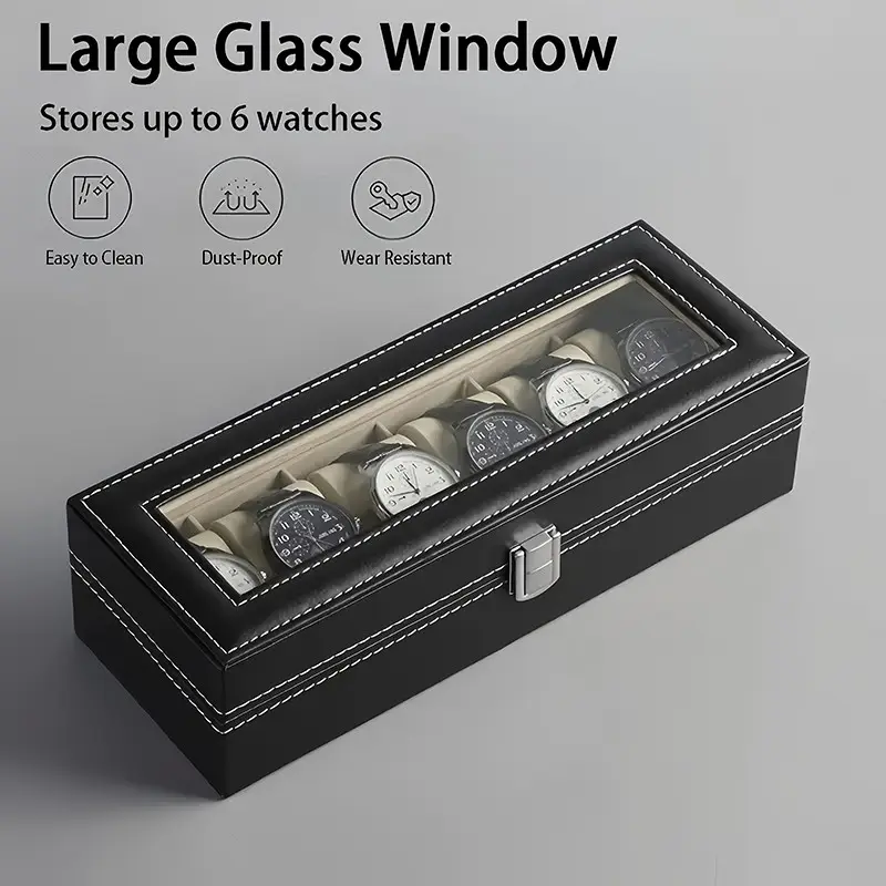 6-Slot Faux Leather Watch Storage Box, Cream Interior, Travel Watch Display Case, Secure Watch Slot, Elegant Watch Cabinet, Watch Organizer, Holiday Gift