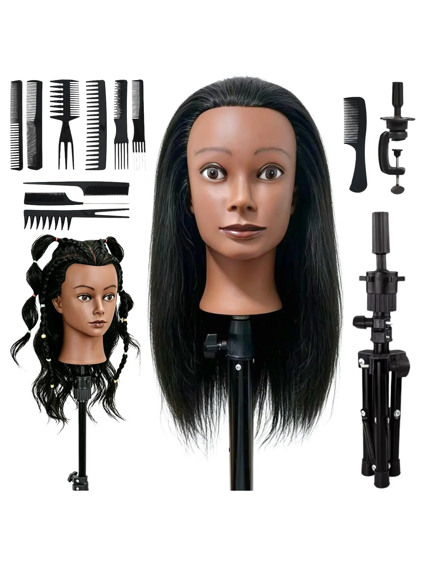 Dark skin mannequin head, real hair 16 18 20 inches, with clip on stand, beauty training angle braid mannequin, fashionable styling practice, suitable for hairstylists, beauty salons, students, beginners
