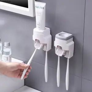 No Drilling Wall Mounted 2 in 1 Automatic Toothpaste Dispenser Set Lazy Toothbrush Holder Easy Install Space Saving Bathroom Organizer