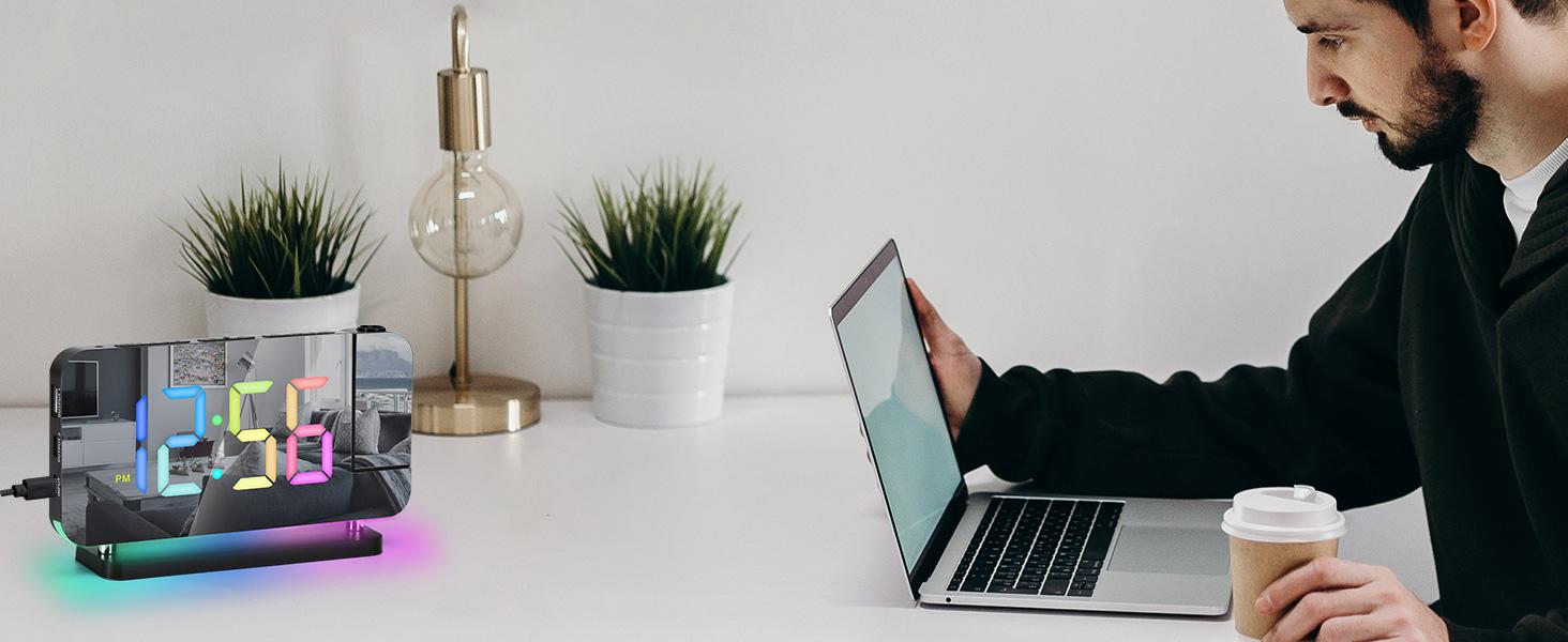 STANDARD GOODS 3C9--MPP024   Projection Alarm Clock, 7.4 in Digital Mirror Clocks,with 180° Rotatable Projector, RGB Night Light,USB C Charger Port, Auto Dimmer, LED Desk Clock for Bedroom - Black