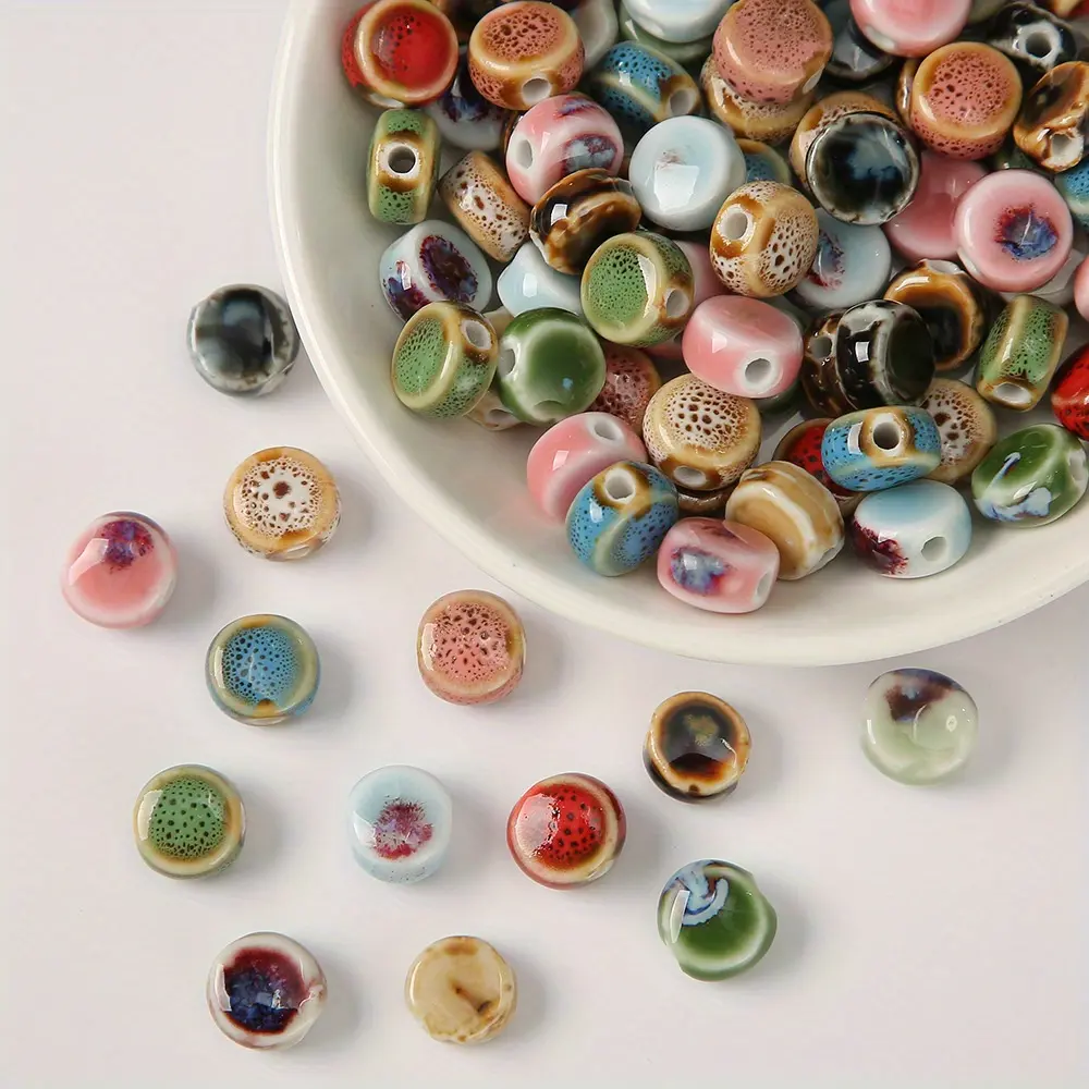 100 Ceramic Flat Beads - Multicolored Vintage Chinese-Style Floral Glazed Beads Making Supplies for DIY Necklaces, Bracelets (Sports & Outdoor Camping & Hiking Hammock Accessory Craft Kits), Bulk Beads, Diy Beading