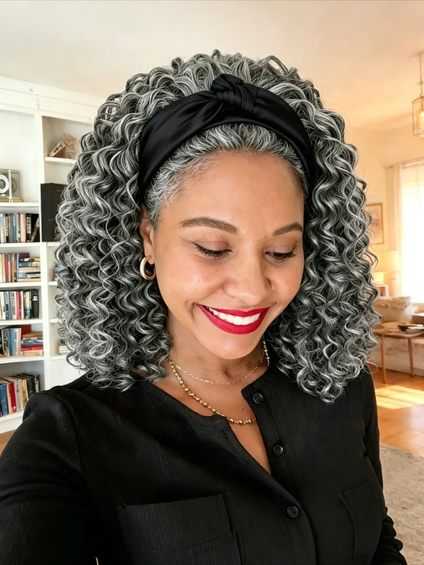 Cool Silver Grey Short Kinky Curly Fabric Band Wig, Lace-Less Glueless Synthetic Half Wig in 12 Inch Length, Designed Exclusively for African American Daily, Travel and Low-Effort Hairstyling
