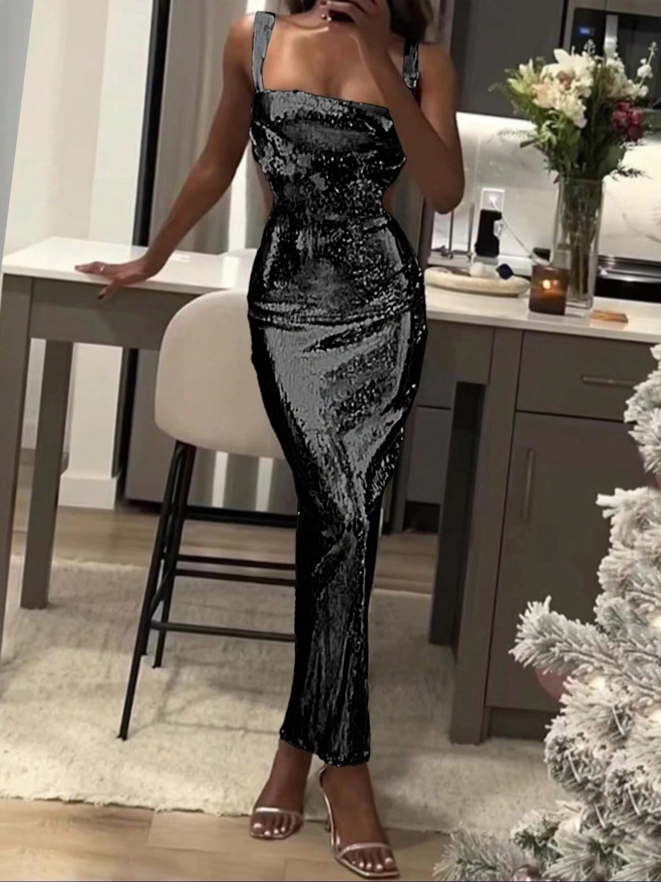 Women's Glitter Sequins Evening Dress, Elegant Sleeveless Evening Party Gown, Ladies Clothes for All Seasons, Formal Wear, Evening Event Clothing, Womenswear, Chic Elegant Fit, Chic Elegant Fitted, Evening Party Dresses
