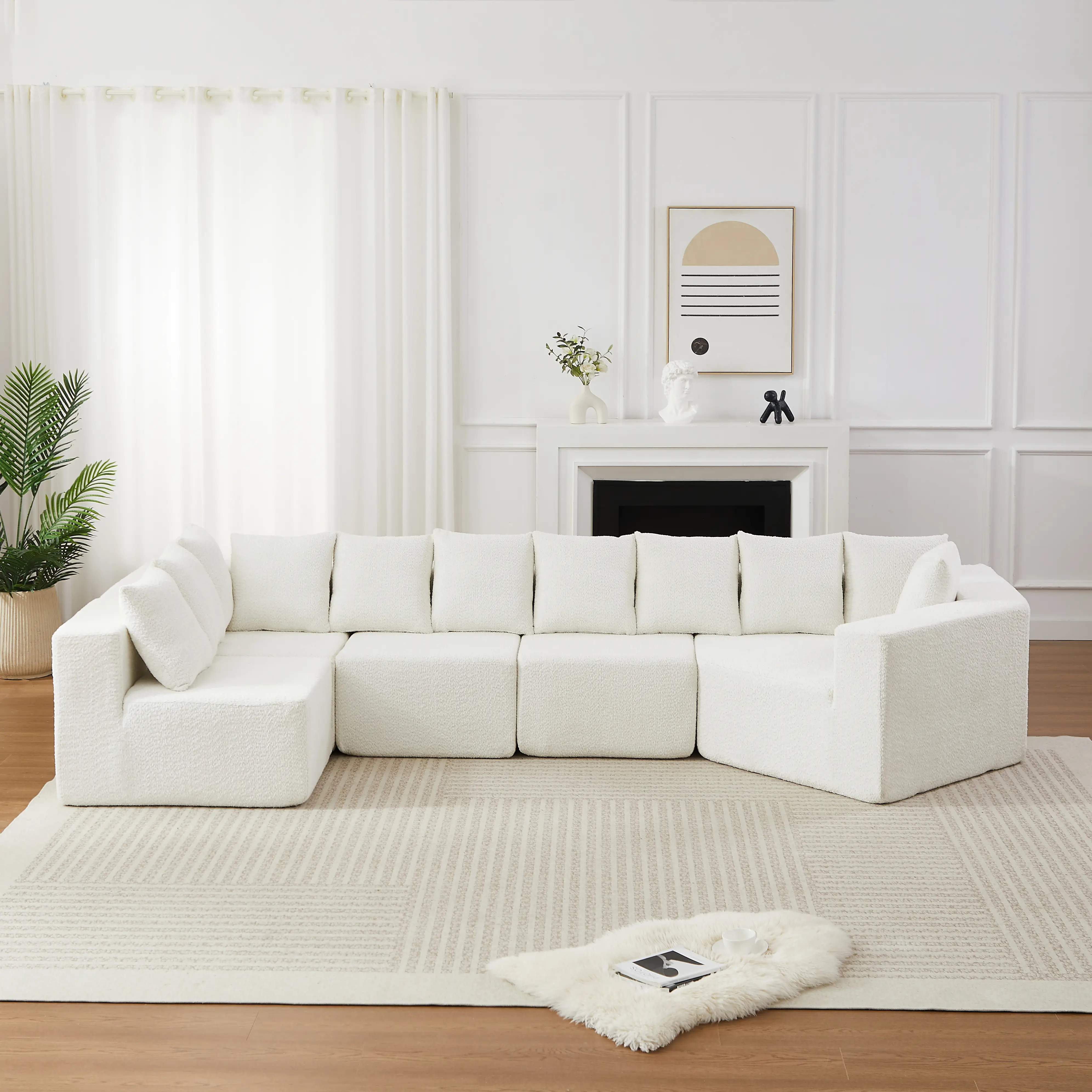 ARCH 151.6in Extra Large L-Shaped Deep Seat Modular Sofa Chenille Fabric Sectional Couch with 11 Pillows Curved Recliner Floor Standing Living Room Furniture No Assembly Required Beige, Living Room Furniture for Apartment, Lounge, Family Room
