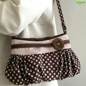 Retro Polka Dot Shoulder Bag for Women, Elegant Hobo-Style Purse in Soft Lightweight Fabric with Oversized Button and Matching Strap, City Bag