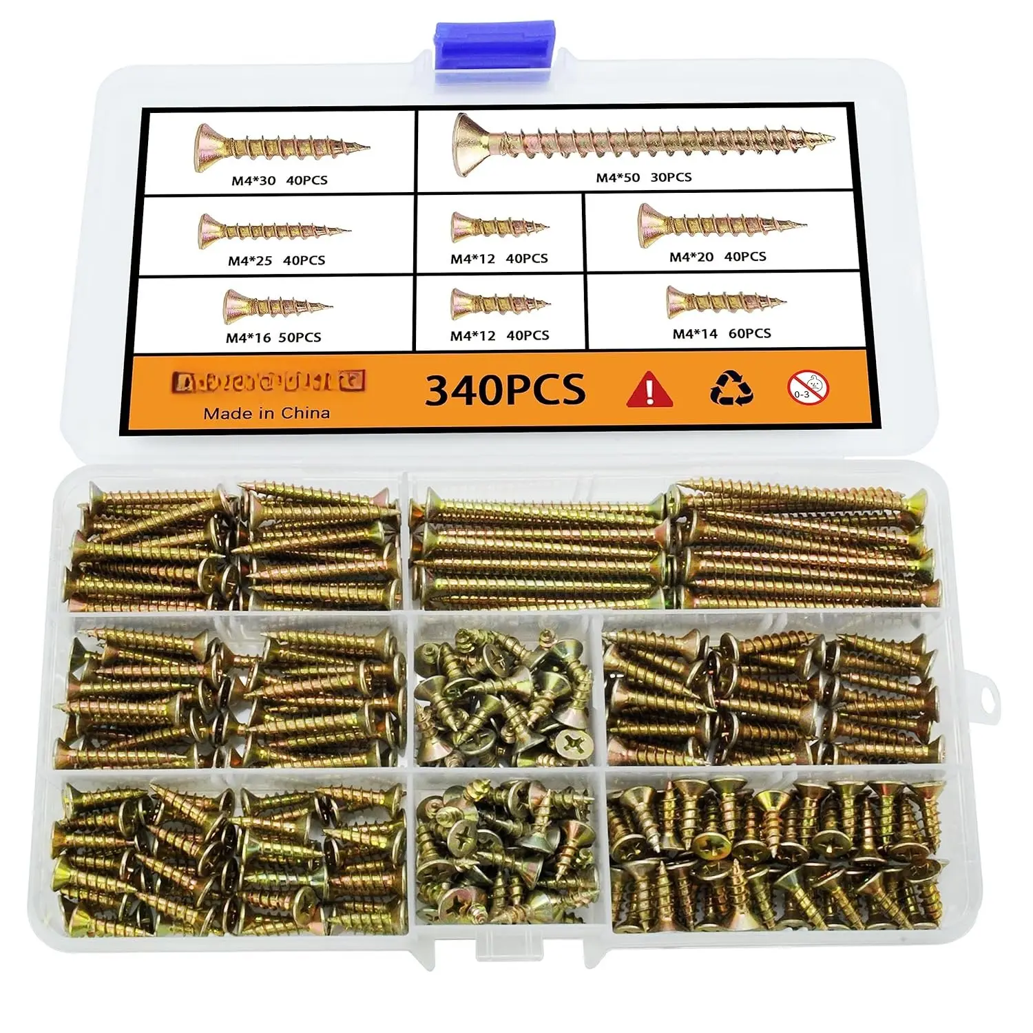 M4 Flat   Screws  Kit 340 count,Phillips Drive Countersunk Flat  Self-Tapping  Screws,Yellow Zinc Plated Finish Screw Kit,Self Tapping Screws for Metal,Full Thread