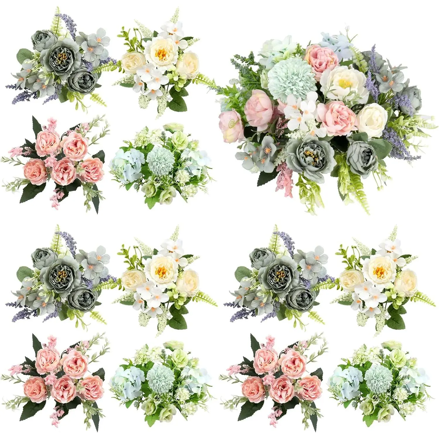 12 Bundles Pink Green Artificial Flowers White Green Wedding Floral 4 Color| Sage Green Artificial Flower Bouquet Centerpieces Faux Flowers Indoor Peony Rose Hydrangea Bulk for Home Decor Vase Wedding