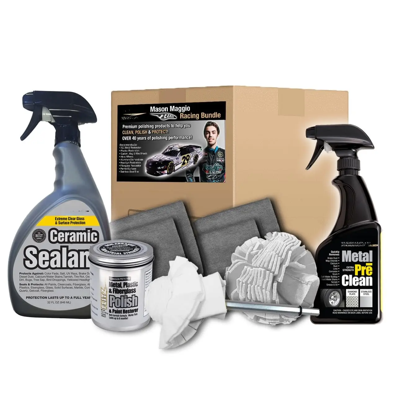 Mason Maggio Racing Pro-Grade Endorsed Car Cleaning & Detailing Kit for Car Owners - Windows, Headlight Restoration Kit, Wheels - Solid Radiant Finish - 1lb Polish, 32oz Sealant, 16oz Metal Pre-Clean, 2 Buff Balls, 4 Microfiber Cloths
