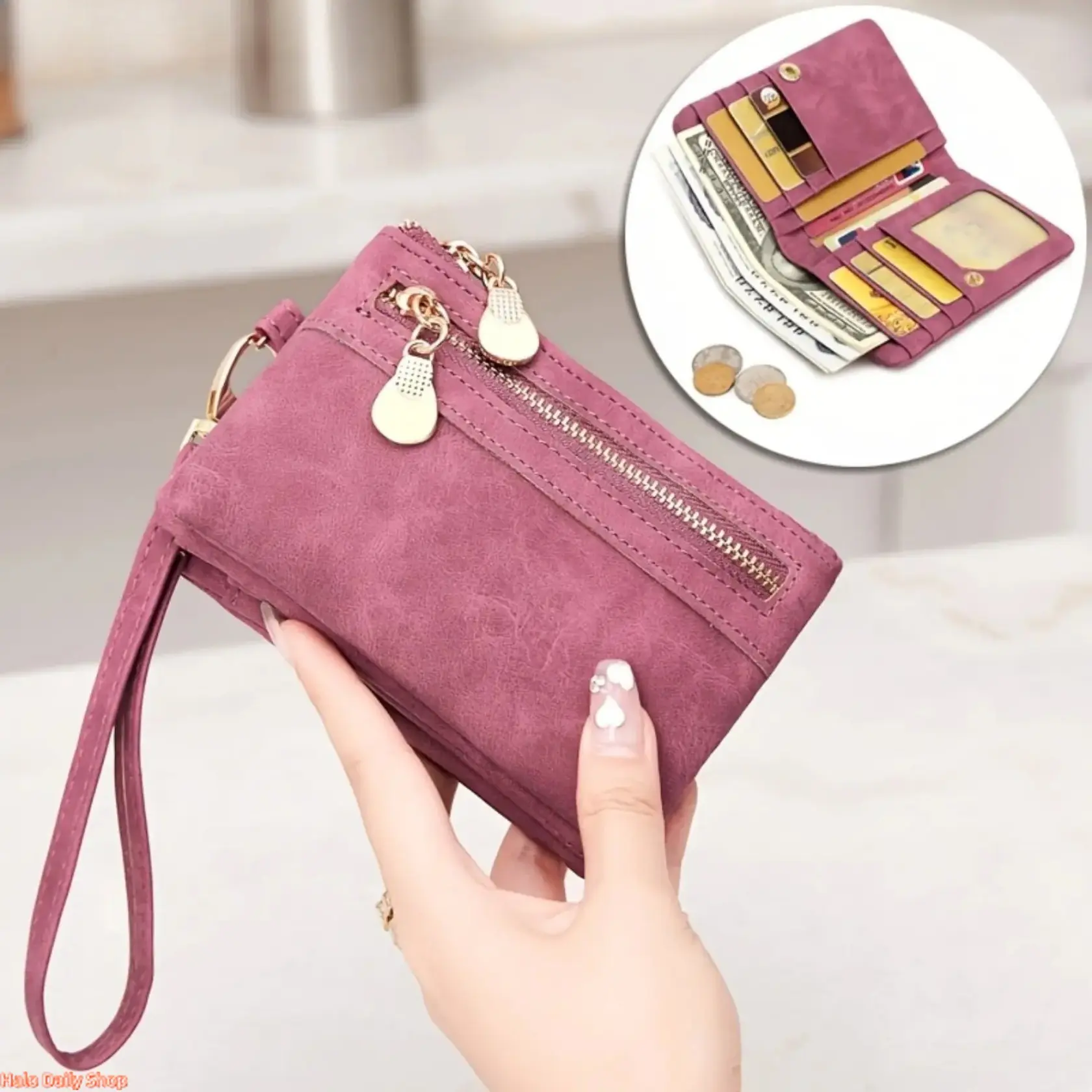 Women's Vintage Mini Ladies Wallet - Elegant Minimalist Wallet Card Holder with Wrist Strap, Zipper Coin Pocket, ID Window, Snap Closure for Camping Hiking Everyday Carry, Credit Card Holder, Daily Wallet