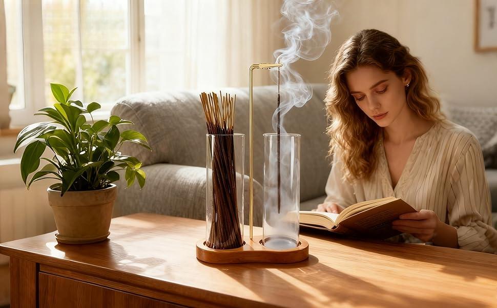 Glass Incense Holder,2 in 1 Incense Sticks Burner Holder with Storage,Hang Upside Down Incense Holder for Sticks with Glass Ash Catcher for Meditation Yoga