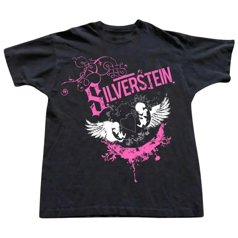 Silverstein Post-Hardcore Band Graphic T-Shirt, Hot Pink Ornate Typography Over Winged Cherub Crest and Splatter Accents, Unisex Black Streetwear Tee, Emo Punk Rock Outfit