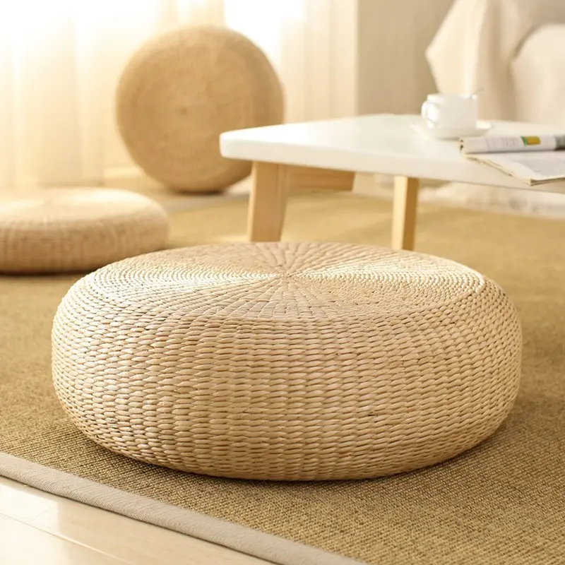 Handmade Woven Rattan Floor Mat Cushion, Natural Round Meditation Pillow, Epe Foam Fill, Comfortable Tatami Seat, Ideal for Living Room, Tea Room, Yoga Studio, Floor Cushions, Home Decorative Cushion