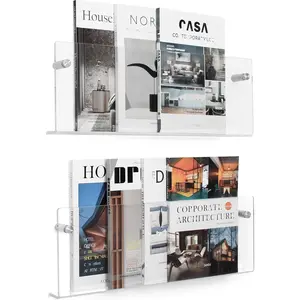 2 Pack Clear Acrylic Magazine Holder Wall Mount Hanging Bookshelf Literature Storage Rack Brochure File Display Shelf for Waiting Room Living Room Office Home
