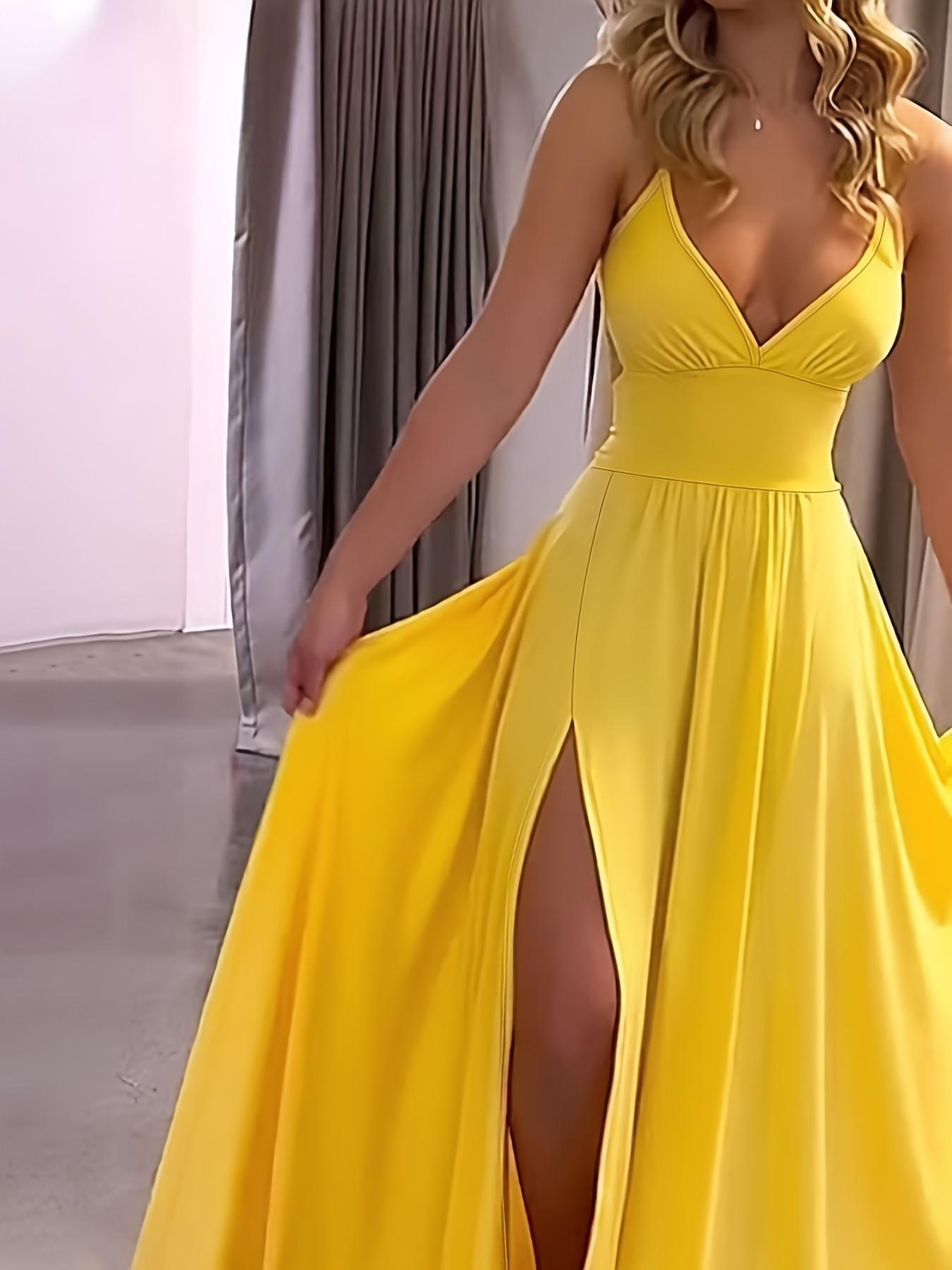 Women's Plain Fitted Criss Cross Backless Split Thigh Spaghetti Strap Cami Dress, Elegant Style Tie Back Ruched Sleeveless Long Dress for Party Holiday Wedding Guest, Ladies Summer Clothes Womenswear
