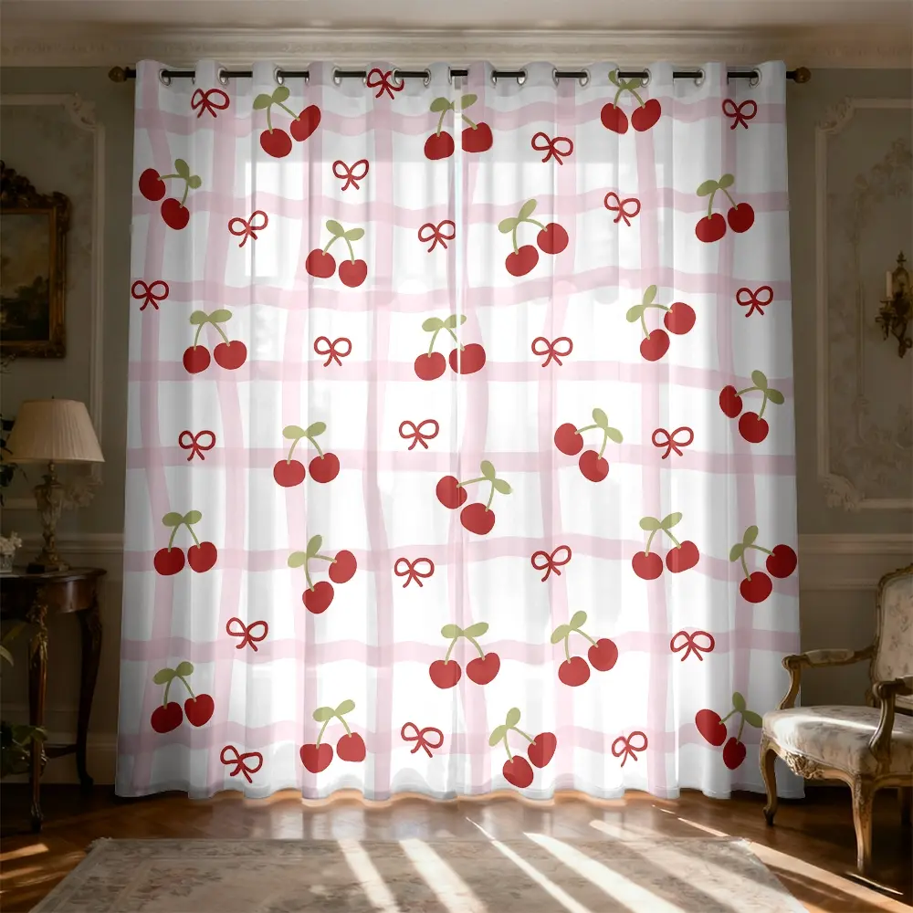 2 Panels Sweet Pink Plaid Cherry Bow Translucent Curtains, Brushed Fabric Digital Print Light Filtering Rod Pocket Soft Light Drapes for Living Room, Bedroom, Study Decor
