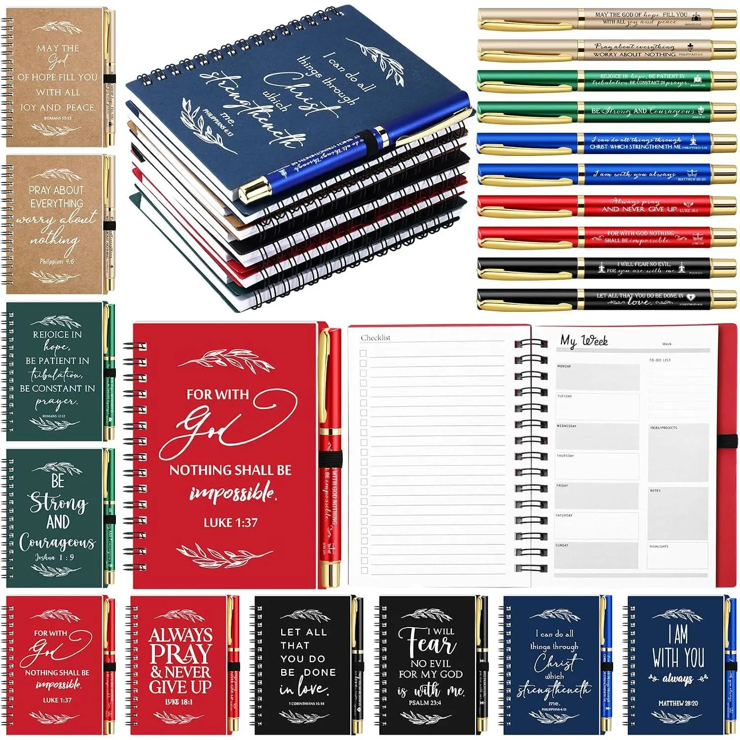 10-Set Bulk Christian Verse Spiral Notebooks with Pens - Modern 300 gsm Lined Pages Planning Aid, Religious Office Stationery for Church Sunday School Teachers (Multicolor)