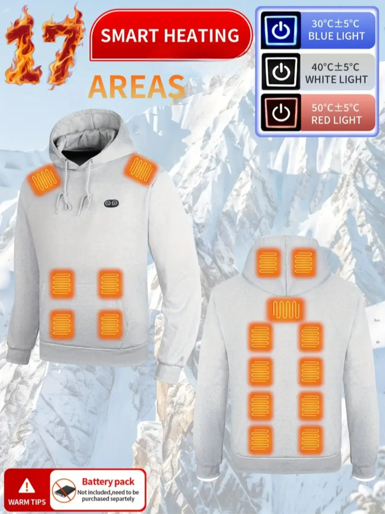 Men's Electric Heating Hoodie, Three-Temperature Control Fleece Sweatshirt, Winter Outdoor Skiing, Hunting, Hiking Warm Hoodie