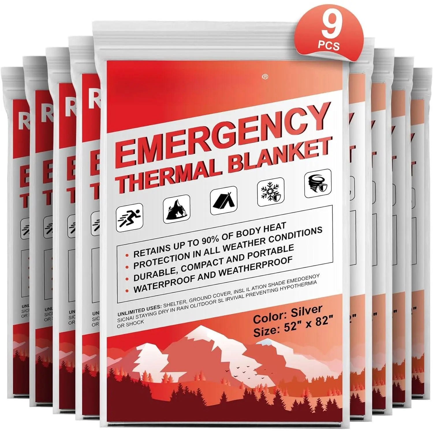 9 Pack  Blankets, Outdoor   Insulated Gear, Mylar Thermal Space Insulated Blanket,  for Camping, Hiking, Running, , Wilderness Rescue or