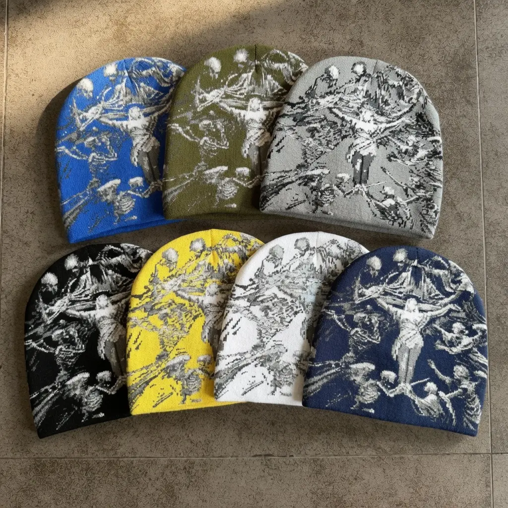 2026 New Y2K Jacquard Knit Beanie for Men Women with Retro Graphic Pattern Thermal Wool Blend Warm Thick Winter Hat Soft Stretchy Cuffed Skull Cap Streetwear Outdoor Skateboarding Ski Daily Fall Winter Holiday Gift US Design homedecor