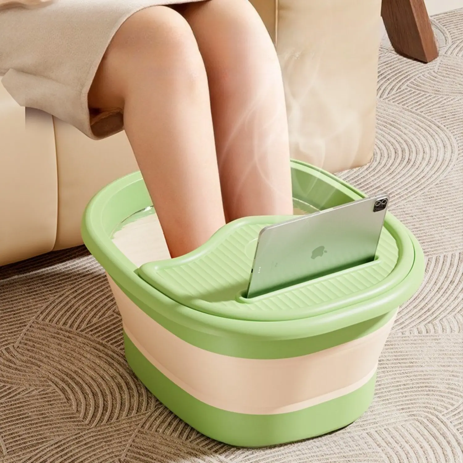 Collapsible Foot Spa Bath with Massage Acupoints – Foldable Soaker Tub for Dry Cracked Feet & Pedicure, Space-Saving Plastic Basin with Lid, Multi-Purpose Design Doubles as Laundry Basket & Storage Container for Home Use