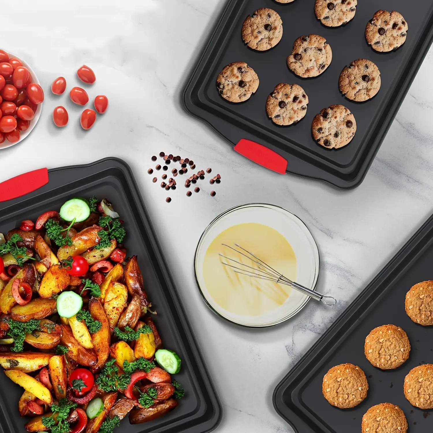 Non-stick Baking Tray, Bakeware - with Red Silicone Handle - Kitchen Baking Plate - Heat-resistant and Non-Sticking - Oven Cookie Baking - Rectangular Cookie Tray - Easy to Clean - Suitable for Cookies
