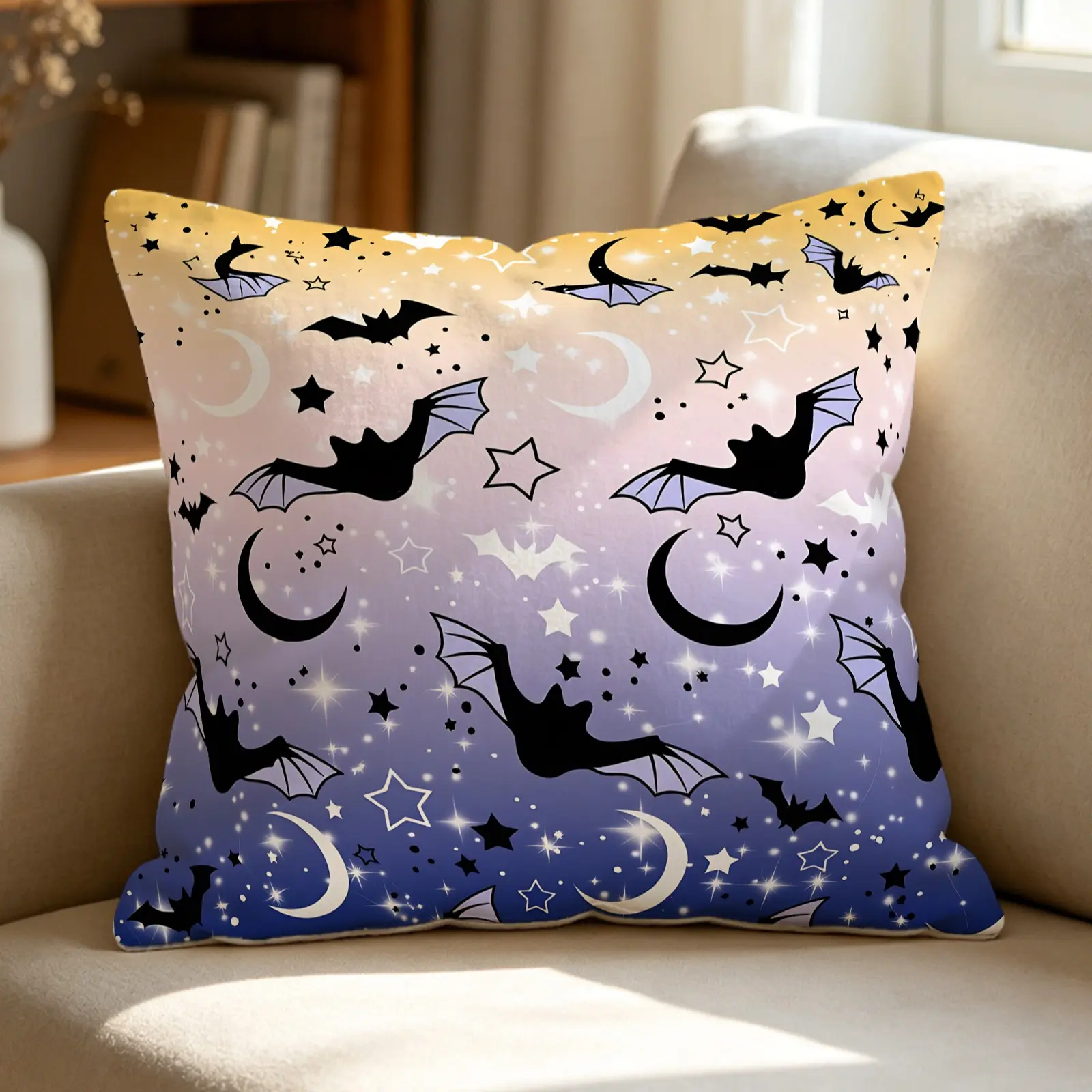 Halloween Bat Digital Print Throw Pillow, soft Cushion Accent Pillow, Includes Pillow Core, unique goth spooky style, great for decorating couches, beds for Halloween home atmosphere