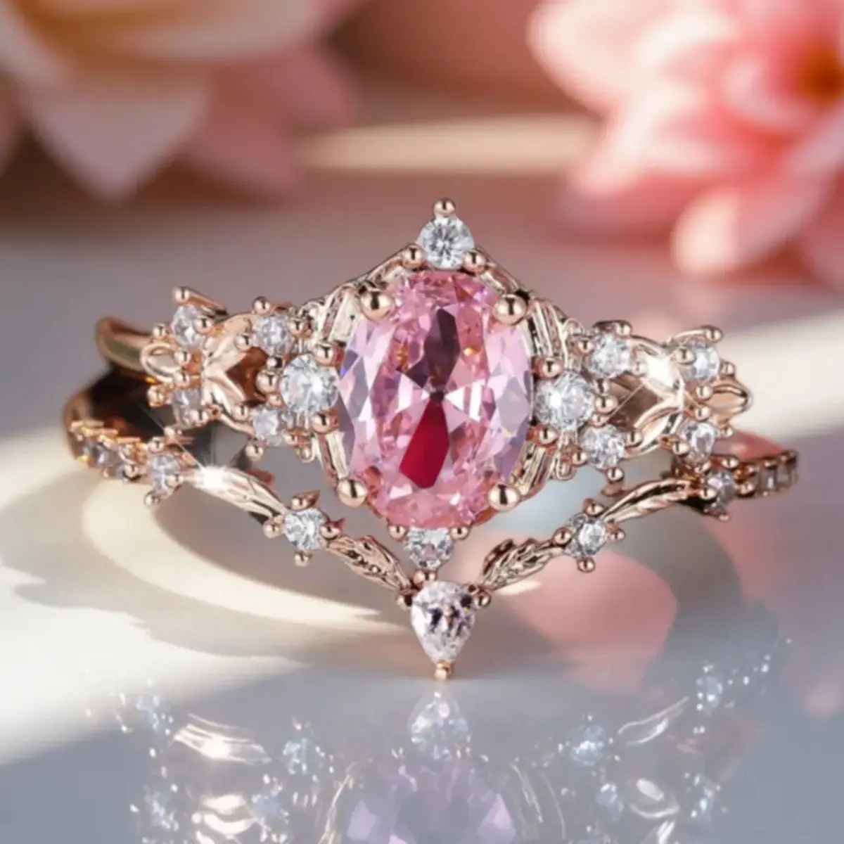 Pink Flower Synthetic Zirconia Couple Rings for Women Men Promise Stacking Birthstone Golden Engagement Wedding Jewelry, Matching Promise Rings, Sparkling Zircon Inlay, Stackable Ring Set