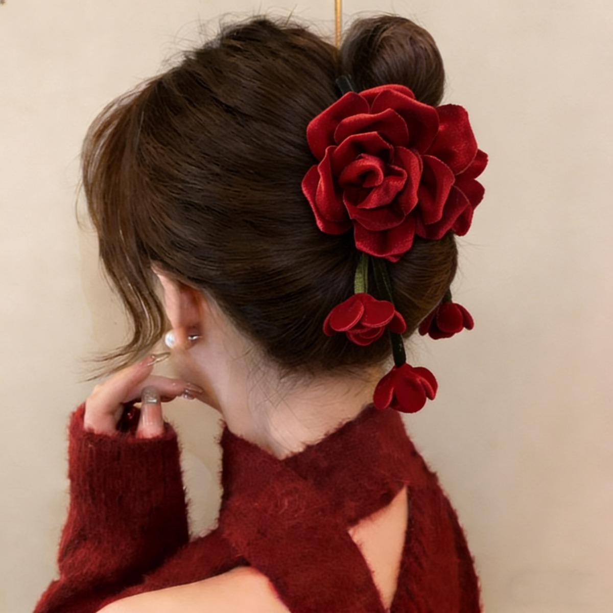 AWAYTR 2 Packs Velvet Rose Flower Hair Claw Clips for Women Girls 5.12" Large Floral Tassel Hair Clips Fashion  Barrettes for Thick Thin Hair Styling Accessories