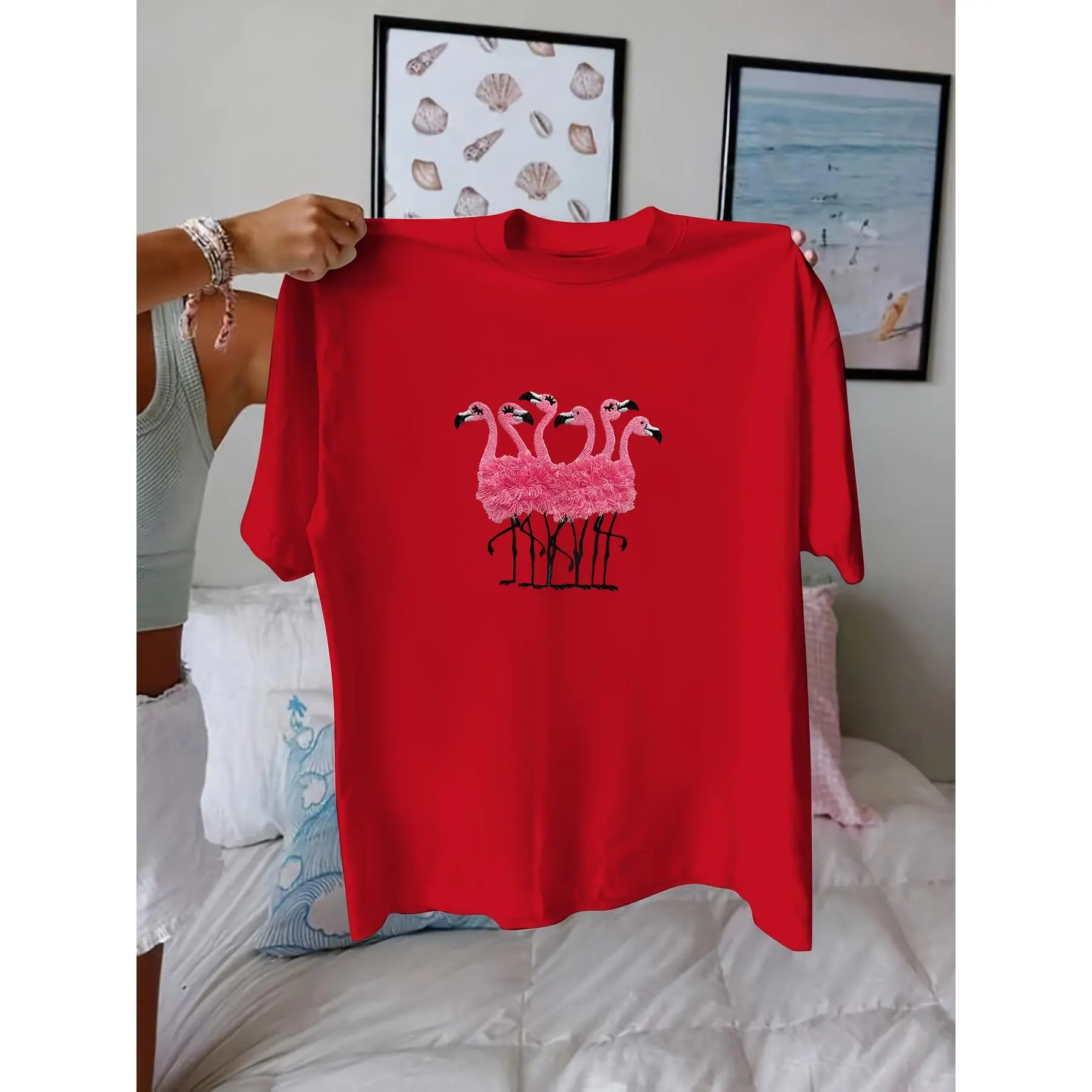 Women's Flamingo Print T-Shirt, Casual Summer Crew Neck Top with Short Sleeves in a Soft Polyester Knit Fabric