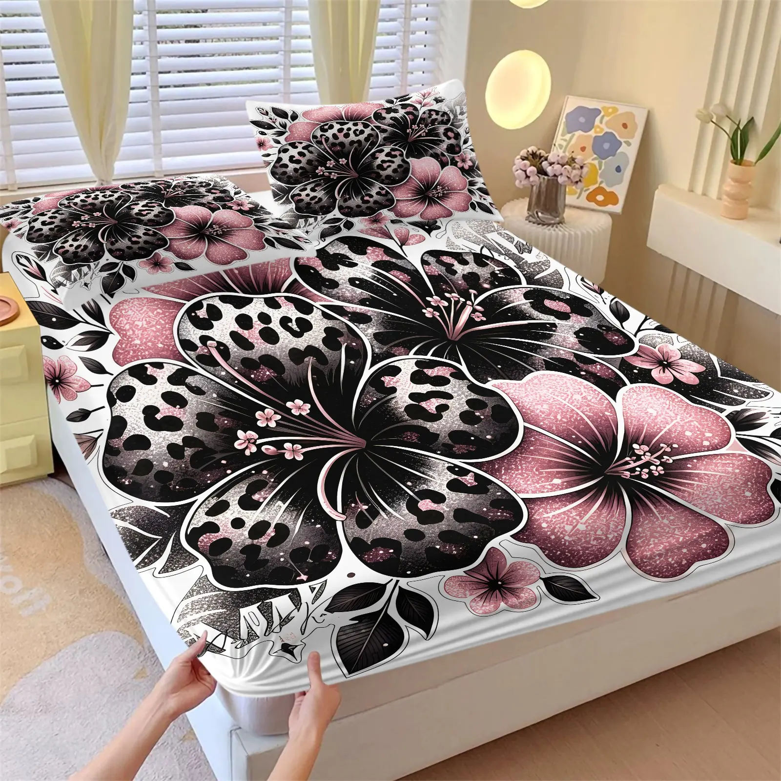 Pink & Black Leopard Print Hibiscus Sweet Cool Fitted Sheet Set 3-Piece-High Elastic Soft Ultra-Fine Fiber Mattress Protector-Gentel Floral and Wild Leopard Pattern-For Sweet Hot Women's Bedroom Decor Leopard Print Bedding
