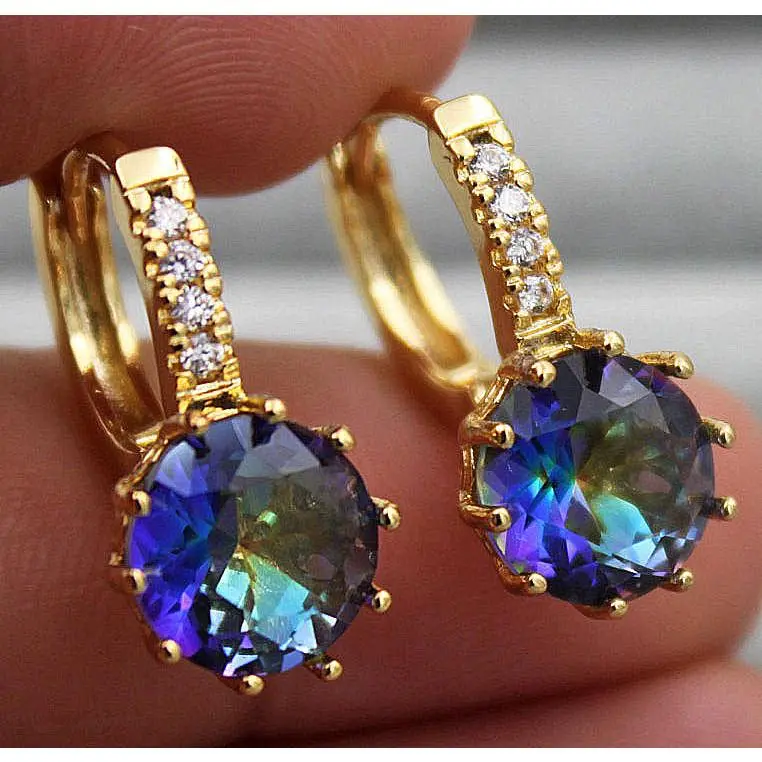 18K Gold Plated - Blue Rainbow Myistical Big Gems Circle Gemstone Clear Zircon Topaz Lady Fashion Women Jewellery Stud Gold Plated Earrings