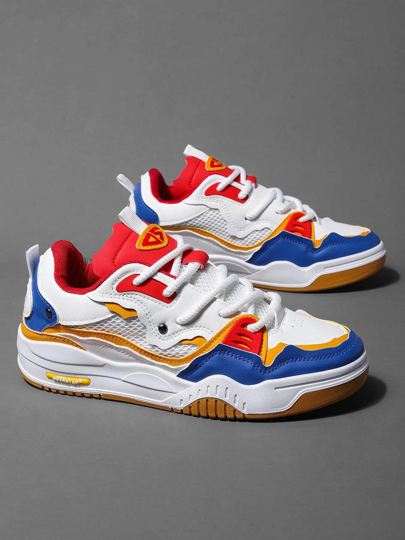 Men's Casual Thick Laces Skate Shoes, Letter Patched Design Low Top Skate Shoes, Contrast Mesh Design Platform Shoes