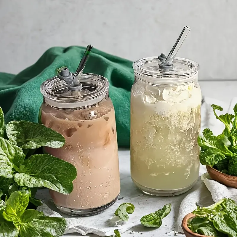 Creative Clear High Borosilicate Glass Cups with Lids and Straws, Temperature Resistant, Suitable for Cold and Hot Drinks, Ideal for Home and Students
