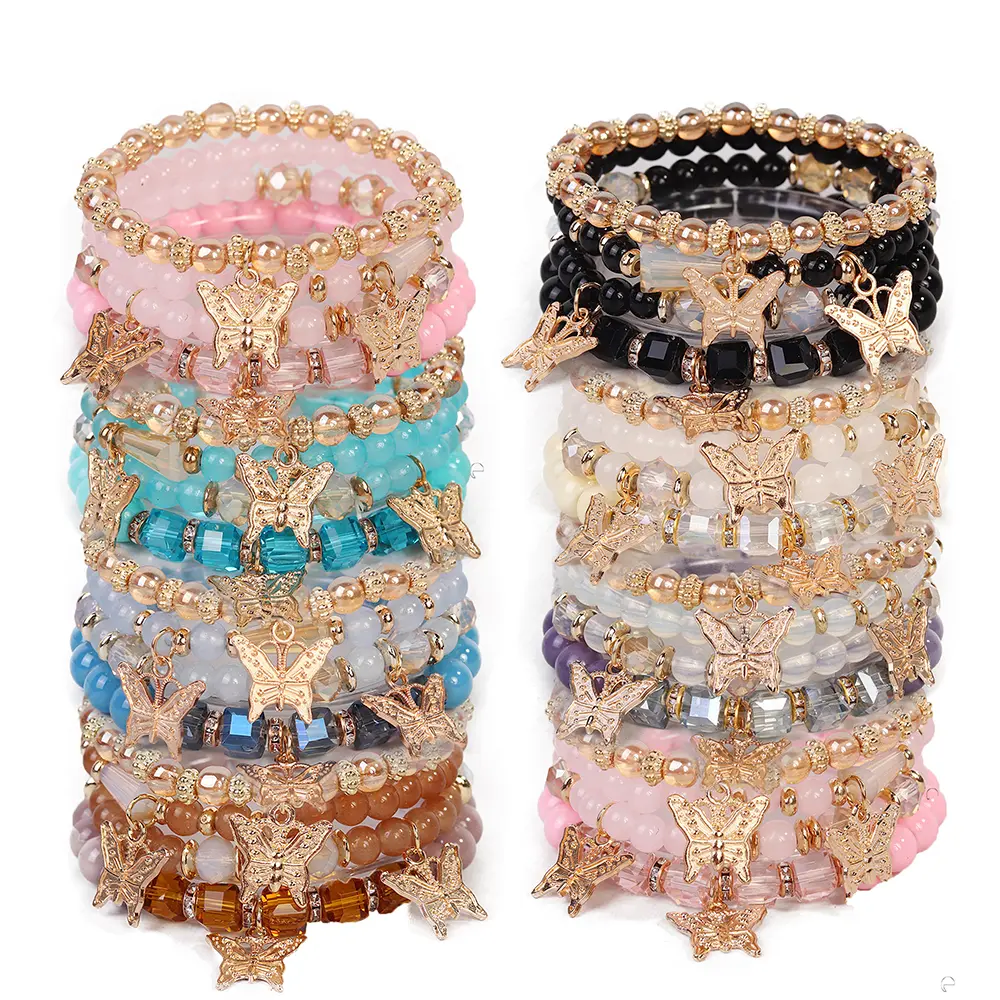Women's 20Pcs (5 Sets) Boho Butterfly Charm Multilayer Stack Stretch Bracelets, Mix Colors Glass Bead & Gold Tone Turquoise Bracelet Set, Casual Daily Fashion Wrist Jewelry for Vacation Gift, Unisex Wear, Charm Bracelets