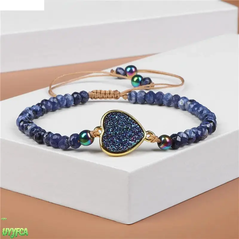 Boho Natural Stone Beaded Elegant Bracelet, Iridescent Druzy Crystal Charm Bracelet, Heart Moon Oval Rectangle Sparkly Drusy Pendant Stackable Wrist Jewelry, Thin Faceted Gemstone Pull Cord Bracelet For Women Daily Casual Holiday Gift