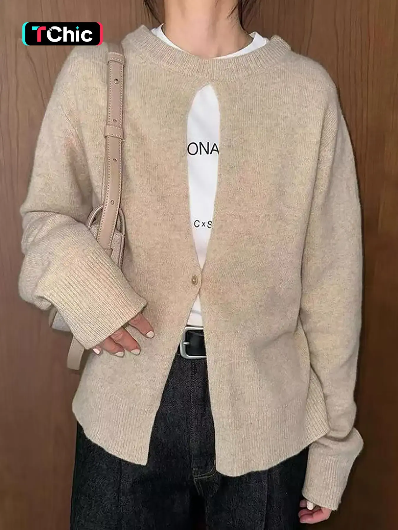 Women's Two-Way Knit Sweater, Single Button Round Neck, Elegant Chic Backless Tie Design, Casual Comfortable Fashion, Versatile Knitted Top