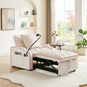 Convertible Sleeper Sofa Chair Bed, 3 in 1 Velvet Single Small Futon Sofa Bed with Phone Holder & USB Ports,Pull Out Couch Recliner with Adjustable Backrest for Living Room, Office, Small Place, Beige