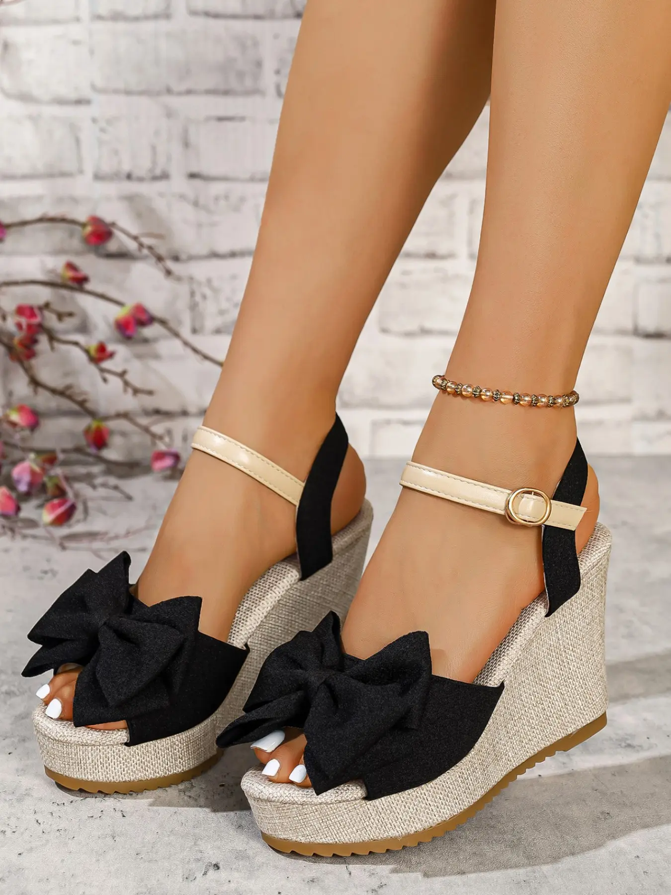 Women Bow Decor Platform Wedge Sandals, Fashionable Heeled Sandals, Open Toe Adjustable Ankle Strap Linen Woven Espadrille Wedges, 3 Colors White Pink Black
