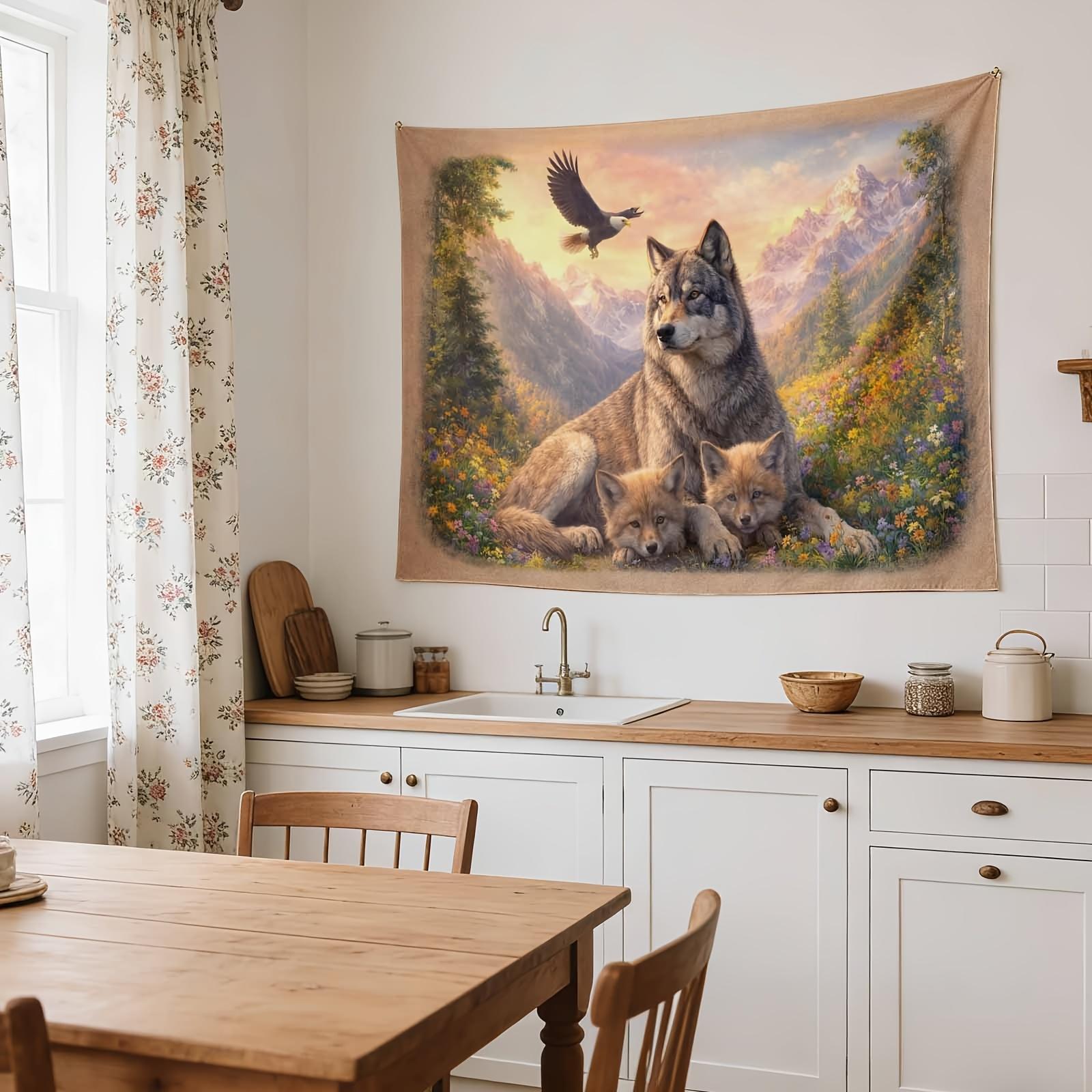 An Elegant Wall Hanging, Wolf with Cubs, Scenic Background, Ideal for Enhancing The Decor of Homes, Dormitories, And Bedrooms