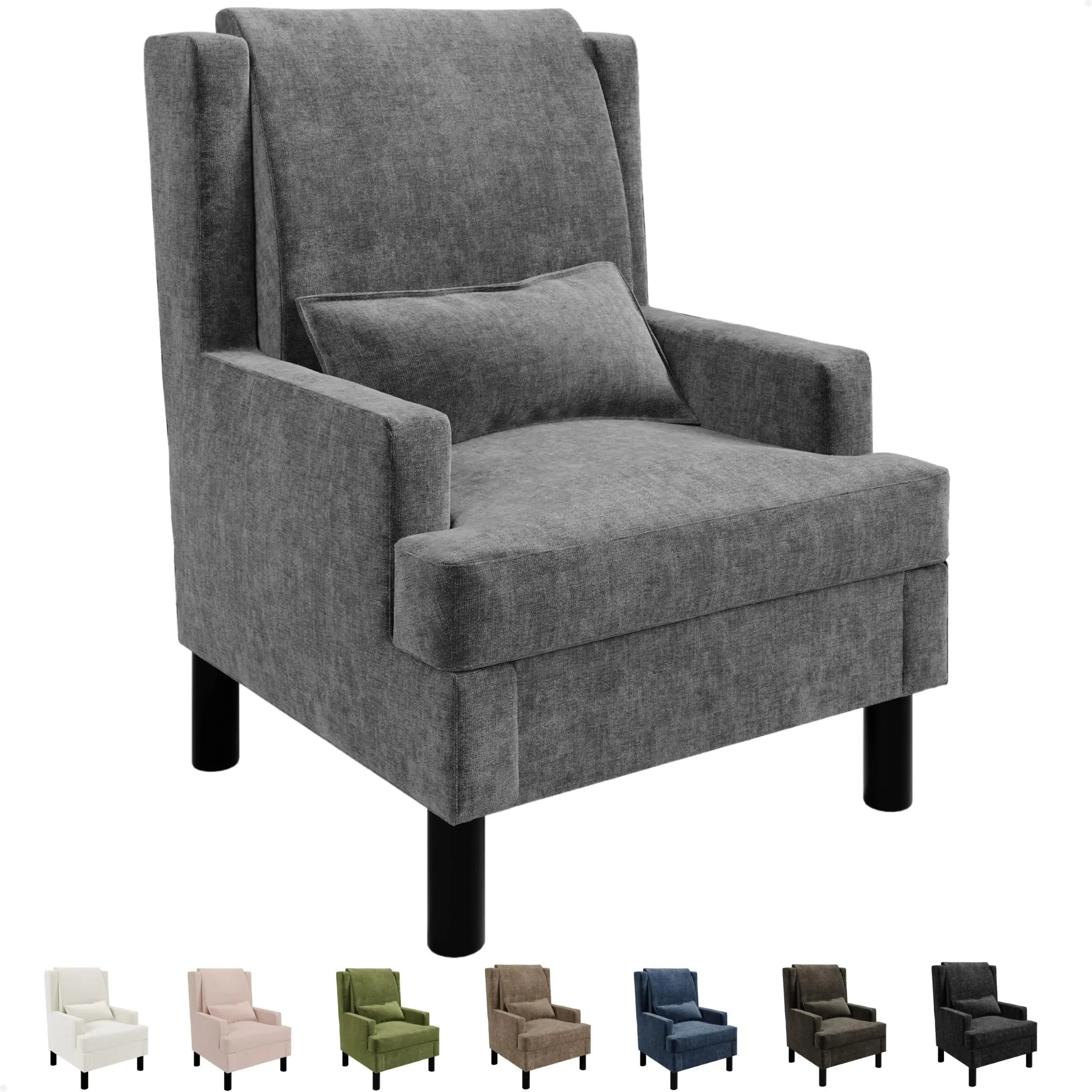 Mid-Century Modern Wingback Accent Chair – Upholstered Chenille Armchair,Thick Cushion, High Back, Soft Pillow, Sturdy Metal Legs, Single Lounge Sofa