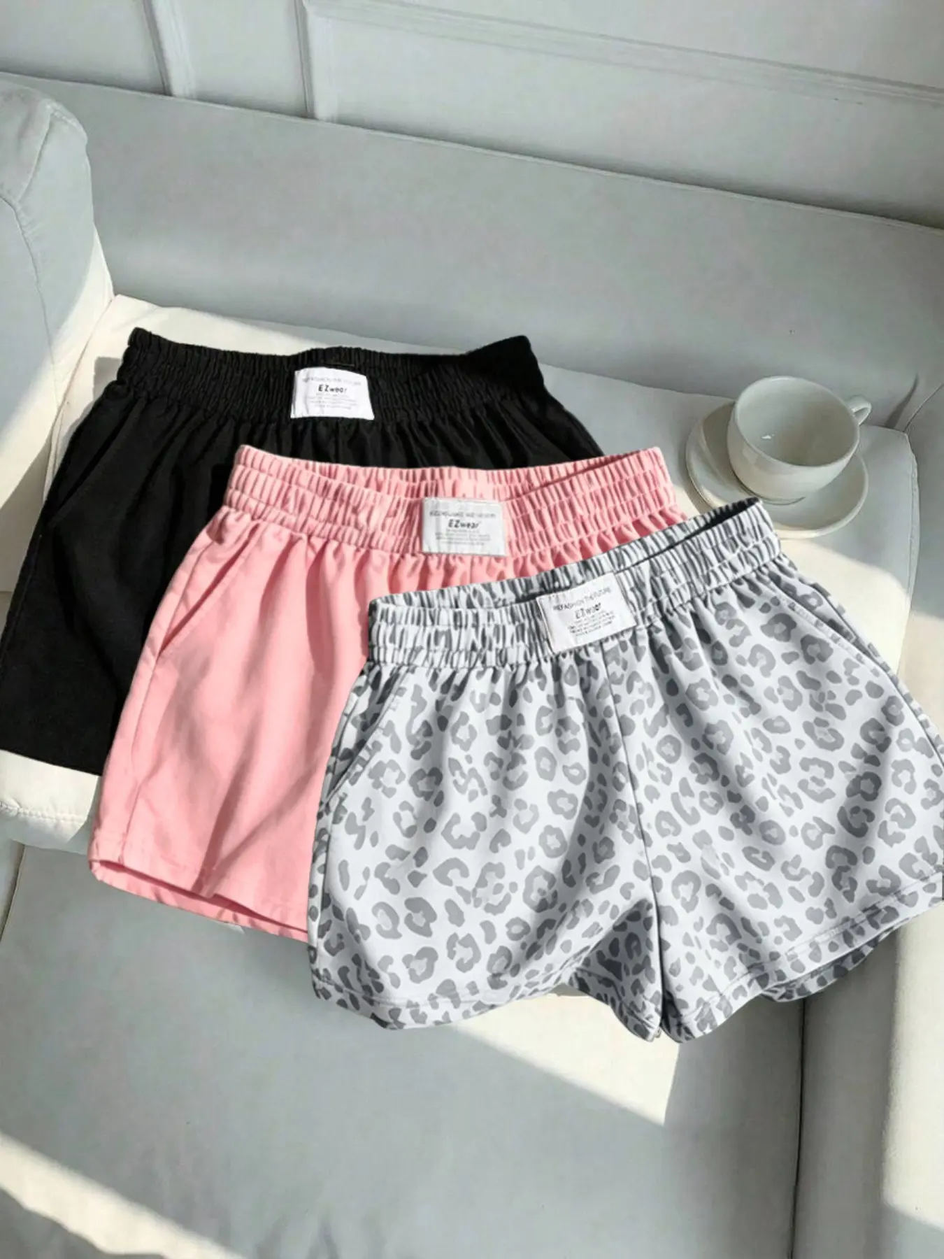 3 pieces, women's summer solid color+leopard print waist logo loose side pocket casual athletic shorts, American casual vacation versatile bottoms