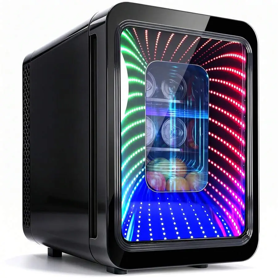 20L Compact Mini Fridge with Glass Door, Mirror, LED Lights, Cool Function, Drip Tray - Portable for Gamers/Dorms, Bedroom - Stores Beverages, Skincare, Cool/Warm