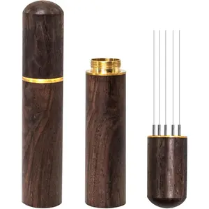 Espresso Coffee Stirrer 5 Needles 0.4mm Espresso Distribution Tools, Natural Wood Handle and Stand (Walnut)